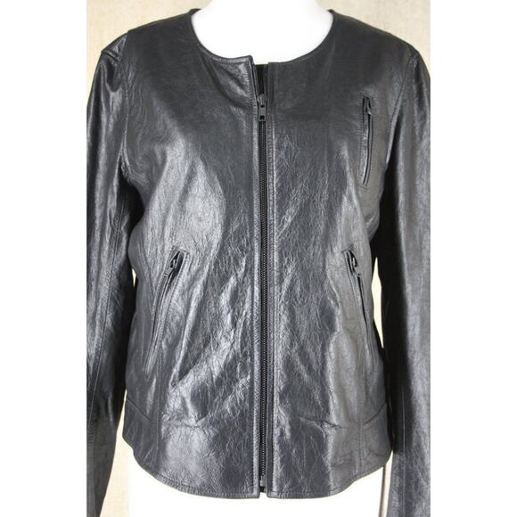 Theory Black Leather Fida Crop Front Zip Biker Jacket Size Large $815 Womens Sz - Picture 1 of 10
